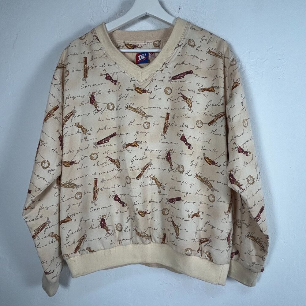 Vintage Tail Men Golf Print V-Neck Sweatshirt Medium Beige Pullover Sporty Retro